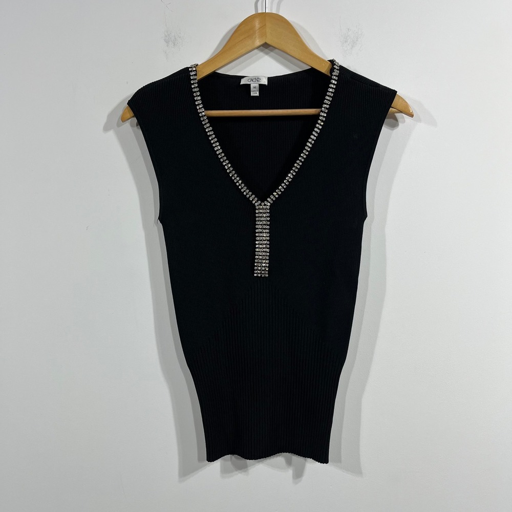 Cache VTG Black Ribbed Rhinestone V-Neck Sleeveless Knit Top Medium‎ Preppy Y2K